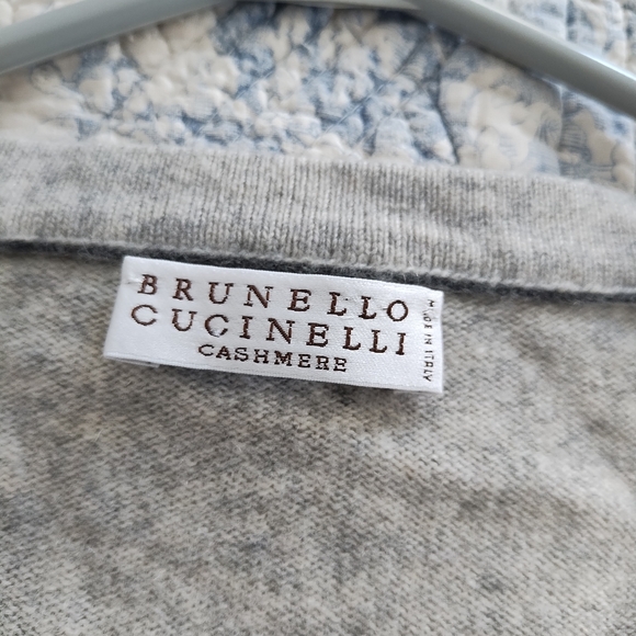 BRUNELLO CUCINELLI Grey 100% Cashmere V Neck Suede Elbow Patch Sweater M - Picture 5 of 6